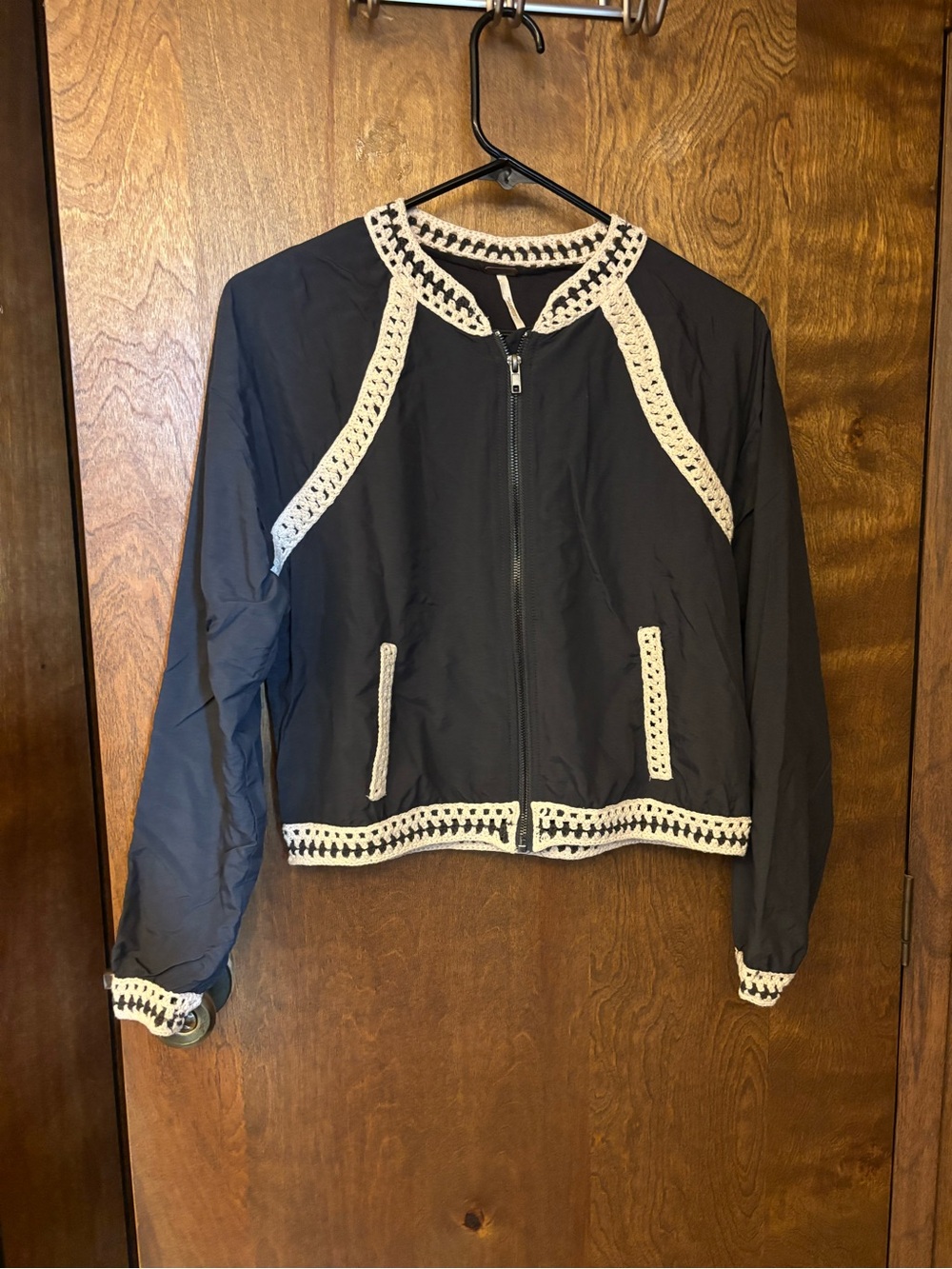 Free People Navy Blue Crochet-Trim Bomber Jacket - Women's